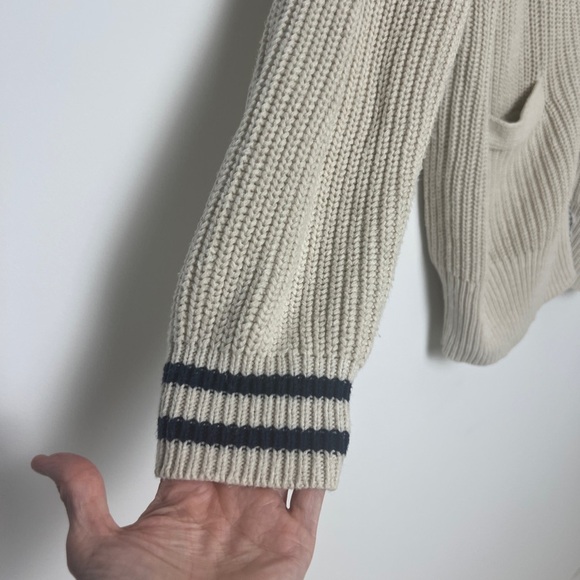 Lucky Brand Women's Medium Straw Heather Textured Stripe Varsity Sweater Relaxed - Picture 8 of 14